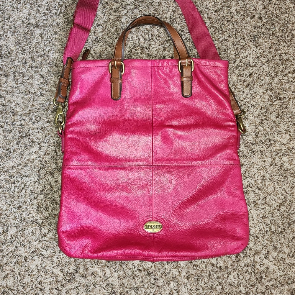 FOSSIL Explorer Leather Tote Hot Pink Magenta Foldover Brass Messenger Bag